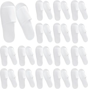 24 Pairs White Soft Plush Open Toe Spa Slippers, Non-Slip