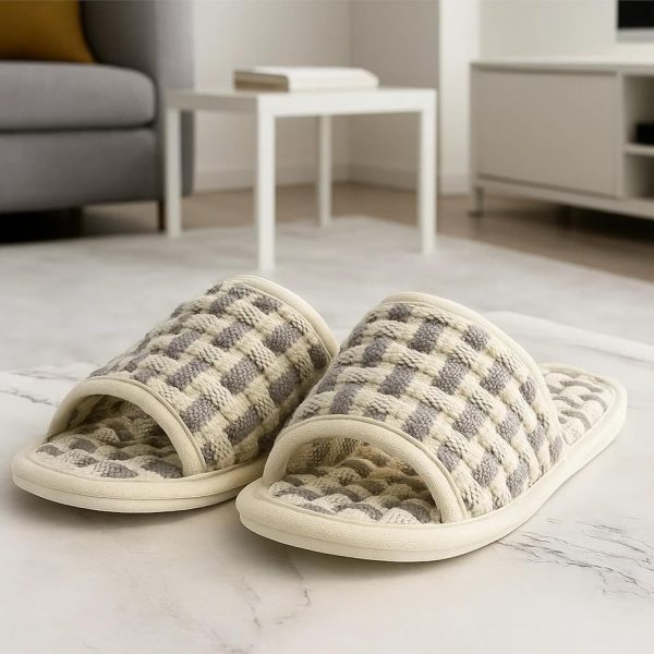 Cotton Waffle Open Toe Slippers – Non-Slip, Lightweight, Washable, Made in Korea