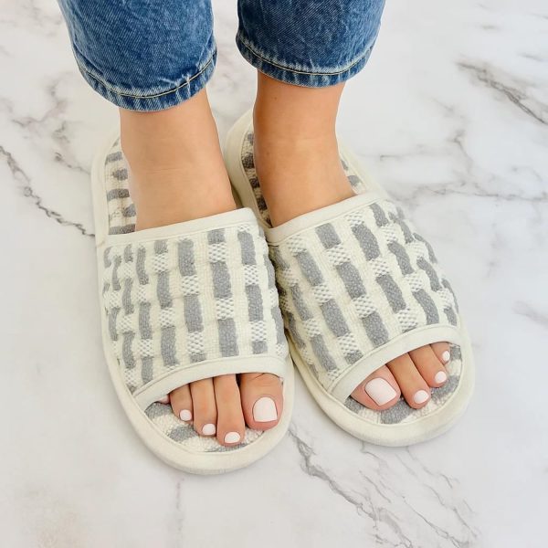Cotton Waffle Open Toe Slippers – Non-Slip, Lightweight, Washable, Made in Korea