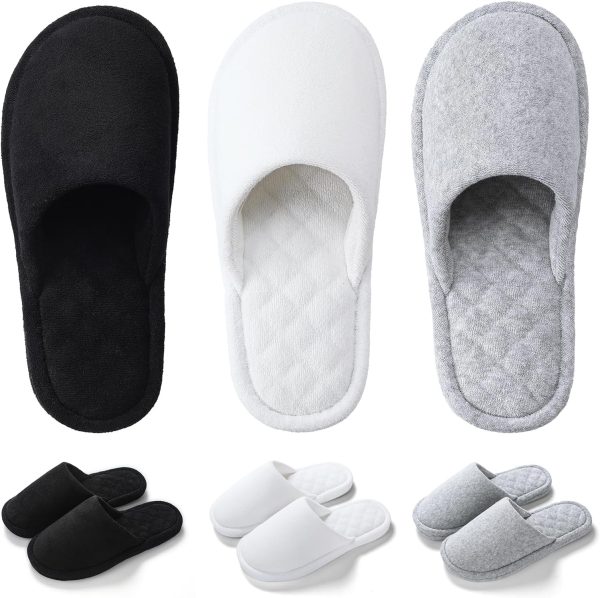3-Pack Cotton Terry Closed-Toe Slippers for Women – Washable, Foldable for Travel & Guests